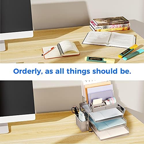 DESIGNA Stackable Mesh Desk Organizer with 3 Sliding Letter Trays 4 File Holders 2 Side Compartments & Pencil Holder Non-slip All In One Desktop Accessories Organizers Office Storage, Champagne - Image 6