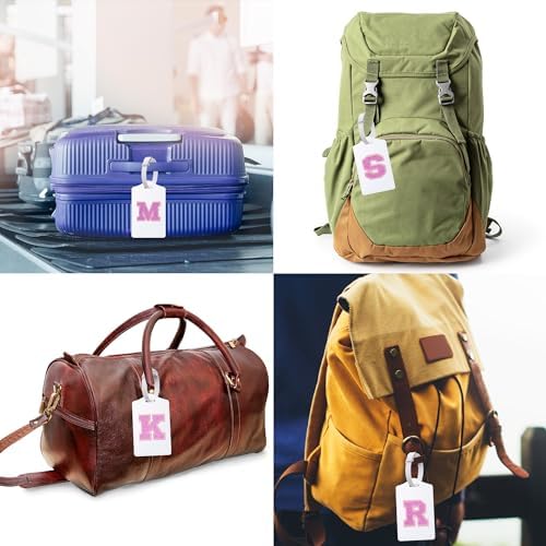 Sodsay 2 PCS Initial Luggage Tag, Luggage Tags for Suitcases Cute Sequin Letter PU Leather Travel Bag Baggage Tags Privacy Cover ID Label for Women Kids Teens Men(H, White Leather+Hot Pink Letter) - Image 6