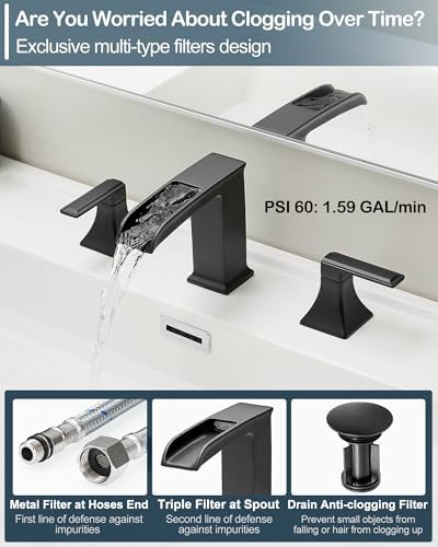 4-16 Inch Waterfall Bathroom Faucet Black, Modern Brass Bathroom Faucets 3 Hole, 2 Handle Widespread Faucet for Bathroom Sink with Pop-up Drain and Supply Hoses - Image 5