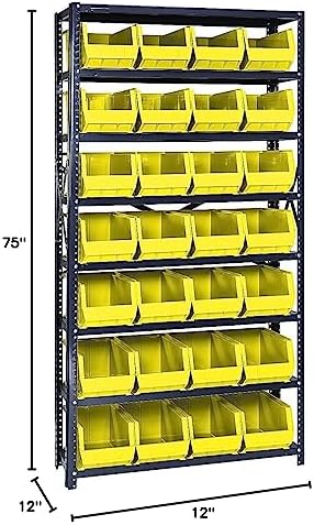 Quantum Storage Systems QSBU-240YL Giant Open Hopper Steel Shelving System, 12" D x 36" W x 75" H, with 8 Shelves and 28 QU240 Bins, Yellow - Image 2