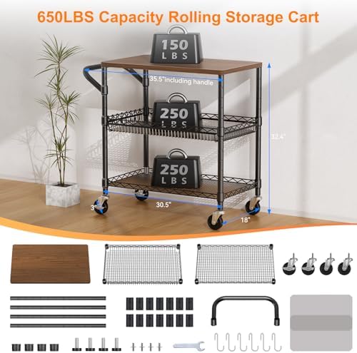 NTE Rolling Kitchen Carts on Wheels, 650Lbs Capacity 3 Tier Utility Cart with Wood Tabletop, Kitchen Storage Cart with 8 Hooks, Metal Serving Cart with Handle and Shelf Liners for Kitchen, Black - Image 3