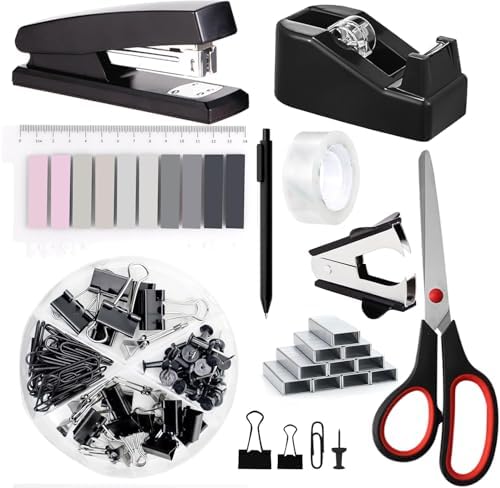 Office Supplies,Black Desk Accessories,Stapler and Tape Dispenser Set for Women with Stapler,Tape Dispenser,Staple Remover,Staples,Clips,Scissors and Tabs,Gift for Students,Coworkers,Teacher,Business by musejoy