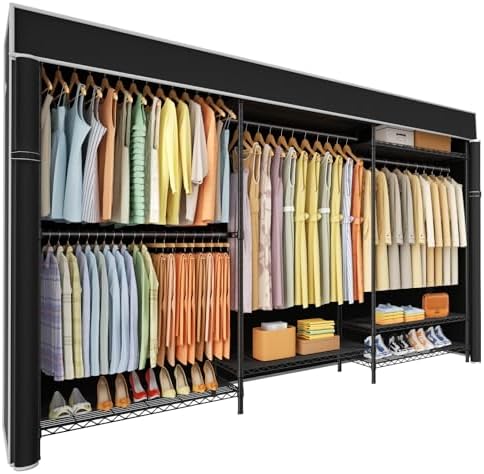 Ulif E13C Max Heavy Duty Closet Organizer System，Freestanding Clothing Racks for Hanging Clothes，Adjustable Garment Rack 86" W x16 D x77 H Hold 1100 lbs，Black Rack with Black Dustproof Cover by Ulif