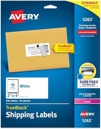 Avery Printable Shipping Labels with Sure Feed, 2" x 4" Customizable Stickers, White, 250 Blank Mailing Labels, Great for Mailing, Shipping, and More (5263) by Avery
