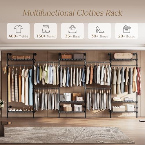 Wall Mounted Closet System, Heavy Duty 5-Row Clothes Rack, Expandable Industrial Pipe Closet Organizers and Storage with 4 Telescopic Rods, 3 Fixed Rods, 6 Hooks & 8 Shelves for Wardrobe, Bedroom - Image 4