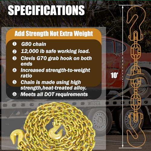 G80 Transport Binder Chain 1/2 Inch x 10 Foot | Tow Chain with Clevis Grab Hooks | 12,000 lbs Safe Working Load | Heavy Duty Chain for Transporting Towing - Image 4