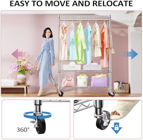 IZEUK Heavy Duty Rolling Garment Rack Wire Clothes Rack for Hanging Clothes (Chrome, 3 Tier with 2 Rod, 15.7" D x 45.3" W x 75.6" H) - Image 2