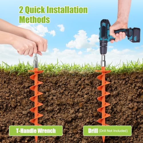 Eurmax USA 4-Pack Heavy Duty Removable Full Spiral Screw in Ground Anchors, Anti-Rust Earth Auger Screw Stakes with Drill Adapter & T-Handle Wrench for Trampoline, Canopy, Tent, Swing Set (Orange) - Image 6