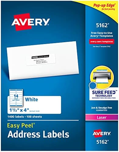 Avery® Easy Peel Printable Address Labels with Sure Feed®, 1-1/3" x 4", White, 1,400 Blank Mailing Labels for Laser Printers (5162) by Avery