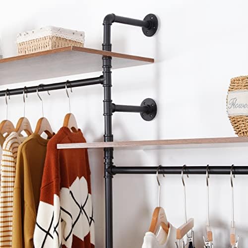 Industrial Pipe Clothing Rack with 2 Shelves, Clothes Rack Wall Mounted Heavy Duty Clothing Store Display Stands Garment Rack Closet System(Black, 96.5x80.7inch) - Image 4