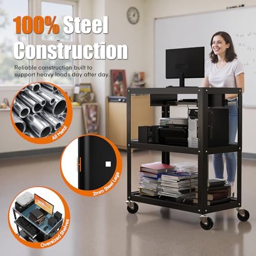Extra-Large 3-Tier Utility Cart with Built-in Power Strip – Heavy-Duty 14-Gauge Steel Rolling Cart for Office, Workshop, or Classroom – 300 Lb Capacity (34" x 18" x 41.75") - Image 2