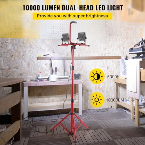 VEVOR LED Work Light with Stand, 5000 Lumen Dual-Head LED Work Light with 27.6"-68.1" Adjustable and Foldable Tripod Stand, IP65 Waterproofed LED Tripod Work Light, with 5000 Kelvin Color Temperature - Image 2