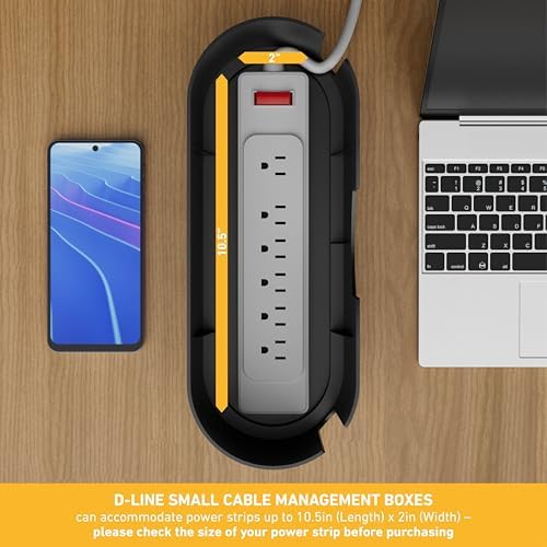 D-Line Cable Management Box, Power Strip Cover, Floor Outlet Hider, Desk Cord Organizer, Hide Extension Leads, 12.75" (L) x 5" (W) x 4.5" (H), for use with Power Strips up to 10.5in (L) - Small, Black - Image 3