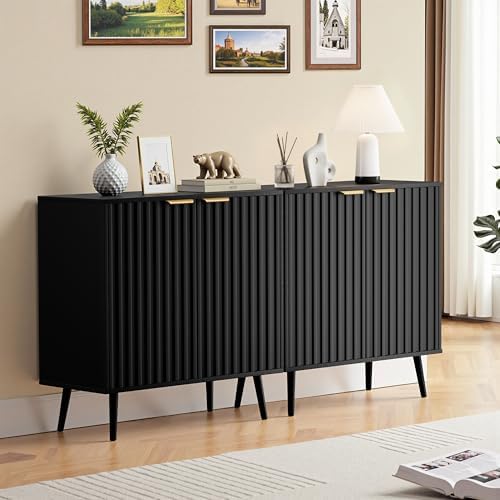 Set of 2 Fluted Storage Cabinet, Buffet Cabinet with Storage, Wood Sideboard with Adjustable Shelf, Modern Accent Cabinet & Console Table for Entryway, Living Room, Dining Room, Black by REHOOPEX
