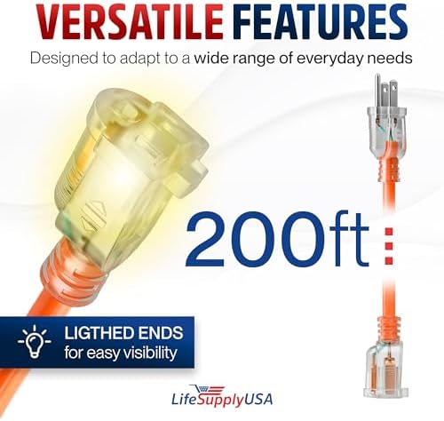 200ft Outdoor/Indoor Extension Cord 16/3 Gauge Heavy Duty 3 Prong SJTW, Waterproof, Flexible Cold-Resistant Long Power Cord,6A 125V 875W, Orange by LifeSupplyUSA - Image 6