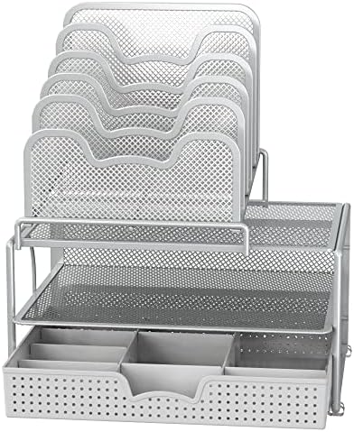 Simple Houseware Mesh Desk Organizer with Sliding Drawer, Silver - Image 6