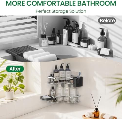 Adhesive Shower Caddy, 6 Pack Corner Bath Organizer, Rustproof Stainless Steel Shower Shelves with Large Capacity, No Drilling Shelves for Bathroom Storage, Home, Kitchen Decor (Silver). - Image 5