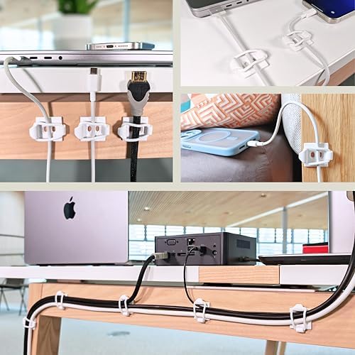 [Made in the UK] 10-Pack Adjustable Elastic Adhesive Cable Clips, Wire Management Holder, Cord Organizer for Home Office, Under Desk, Behind TV, Phone Charger, Laptop, PC, HDMI, USB (White) - Image 3