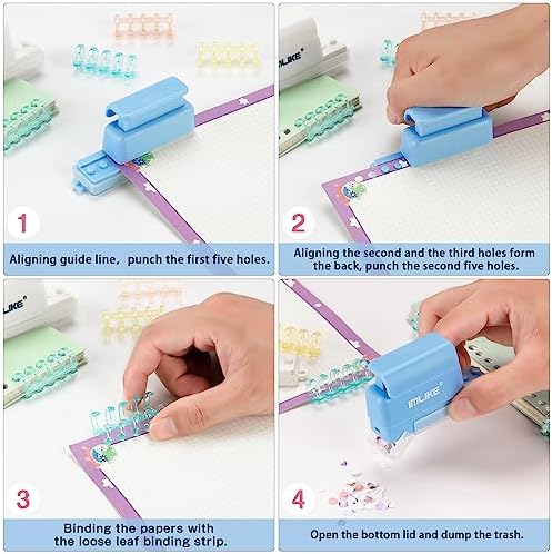 Mini 5-Hole Binding Machine - IMLIKE 5 Holes Binding Machine with 16 Loose-Leaf Binding Strips - Easy to Add or Remove Papers, 4 Sheets Capacity (A4/30 Holes, B5/26 Holes, A5/20 Holes) - Blue - Image 3