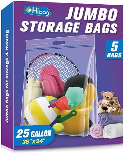 HIBAG 25 Gallon Jumbo Storage Bags, 35” x 24” Resealable Clear Bags with Handle, Extra Large XL Heavy Duty for Clothes Pillow Travel Moving, Pack of 5 by HIBAG
