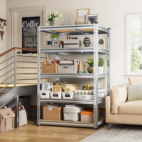 REIBII Garage Shelving, 5 Tier Storage Shelves Load 2400LBS, Adjustable Garage Shelving Heavy Duty, Metal Shelving Unit with Waterproof Columns, 35.5" W x 11.9" D x 72" H, Galvanized, 3 Pack - Image 2