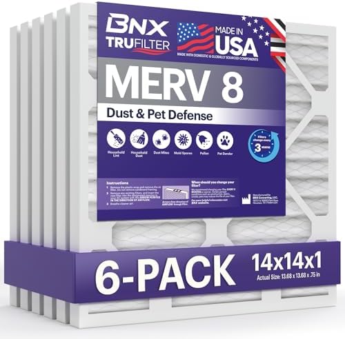 BNX TruFilter 14x14x1 Air Filter MERV 8 (6-Pack) - MADE IN USA – Dust & Pet Defense Pleated Air Conditioner HVAC AC Furnace Filters for Dust, Pet, Mold, Pollen MPR 600 – 700 & FPR 5 by BNX