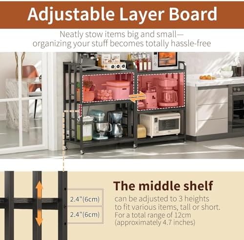 Baker's Rack with Power Outlet, 3-Tier Adjustable Microwave Cart, Black - Image 6