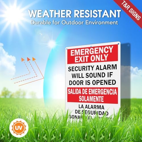 T&R Large Emergency Exit Only Bilingual Sign Security Alarm Will Sound If Door Is Opened - 1 Pack - 14 x 10 Inches Rust Free .040 Aluminum Reflective - UV Protected, Waterproof, Weatherproof and Fade Resistant - 6 Pre-drilled Holes - Image 3