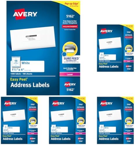Avery Easy Peel Printable Address Labels with Sure Feed, 1-1/3" x 4", White, 1,400 Blank Mailing Labels for Laser Printers (5162) (Pack of 5) by Avery