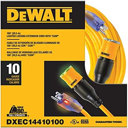DEWALT 100 Foot Extension CordLighted Click-to-Lock 10/3 SJTW -Heavy Duty Outdoor, Waterproof, Weatherproof, Heat & Corrosion Resistant Industrial Strength Light Up Three Prong Outlet Plug Power Cord by Unknown