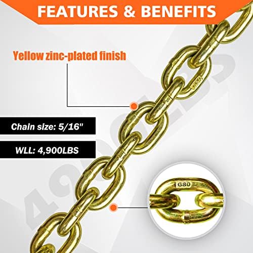 YATOINTO G80 Transport Binder Chain 5/16 Inch x 16 Foot Safety/Binder Chain with Clevis Grab Hooks 4,900 lbs Safe Working Load Logging Chain for Transporting Towing Tie Down Binding Equipment - Image 4