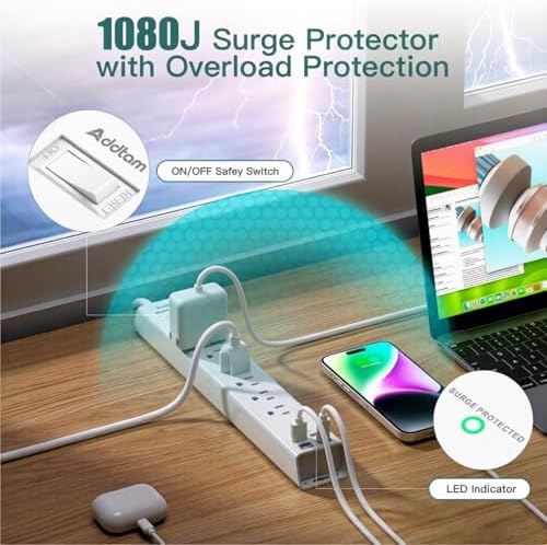 Addtam 5ft Power Strip Surge Protector, 6 Outlets and 4 USB Ports (2 USB C) - Image 6