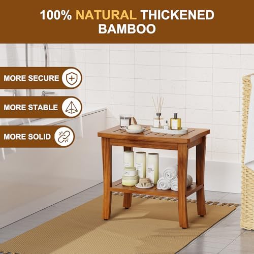 Teak Wood Shower Bench Stool with Storage Shelf, Wooden Waterproof Bathroom Spa Bathing Teak Shower Stool with Non-Slip Feet Gadget 2024 for Indoor or Outdoor Shower Chair Seat Organizer - Image 3