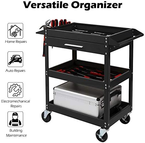 TUFFIOM 3 Tier Rolling Tool Cart on Wheels with Drawer, 330 LBS Capacity, Heavy Duty Commercial Utility Tool Service Cart, Tool Organizer for Mechanic, Garage, Warehouse & Repair Shop - Image 4