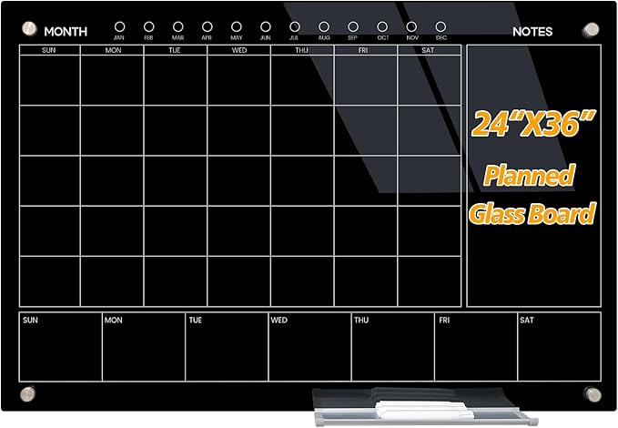Magnetic Glass Whiteboard 36X24 Monthly Planner Calendar Dry Erase Board by JYYPWB