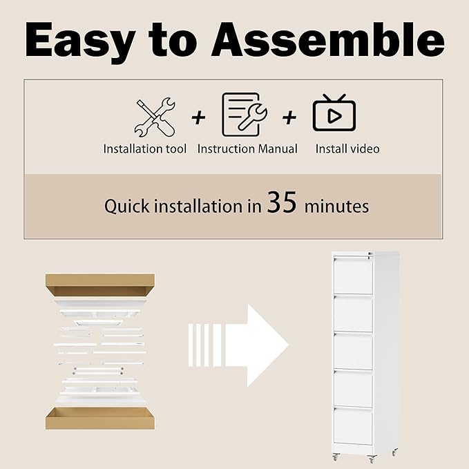 5 Drawers Filing Cabient with Wheel, File Cabinet with Lock, Steel Vertical - Image 7