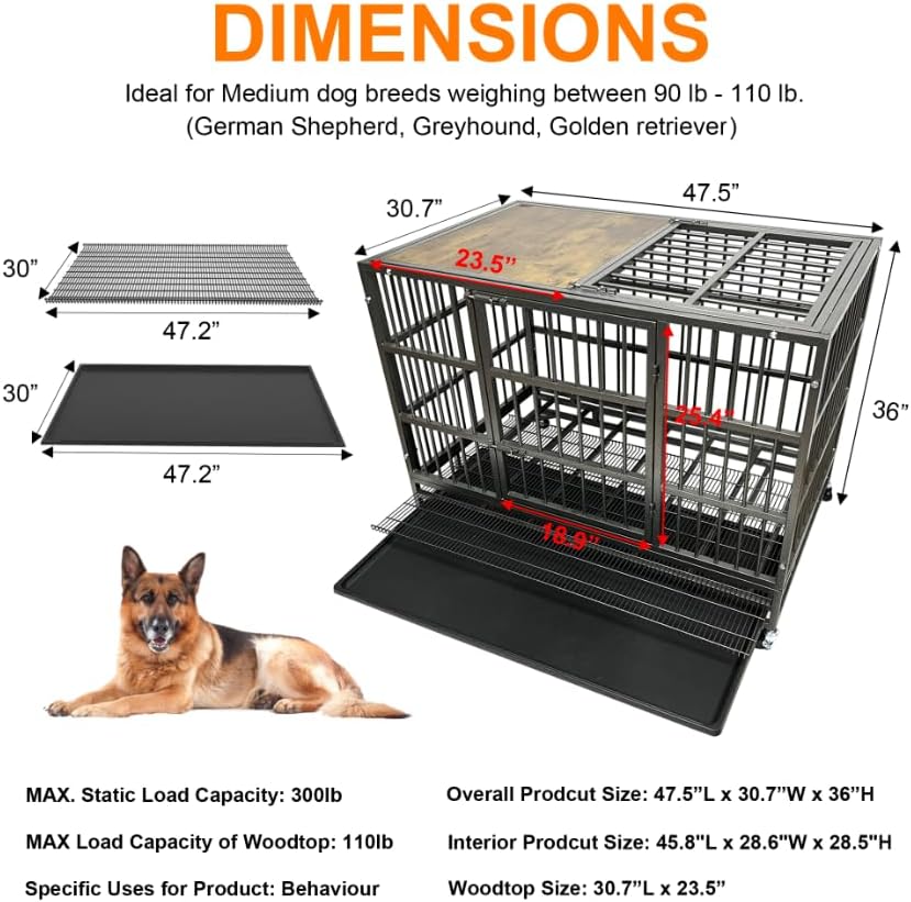BOLDBONE 48" Furniture Dog Crate for Large Dogs, Heavy Duty Dog Kennel Indoor with Removable Crate Trays, Wheels and Stylish Wooden Top, Extra Large XL XXL Dog Cage, Woodtoop - Image 2