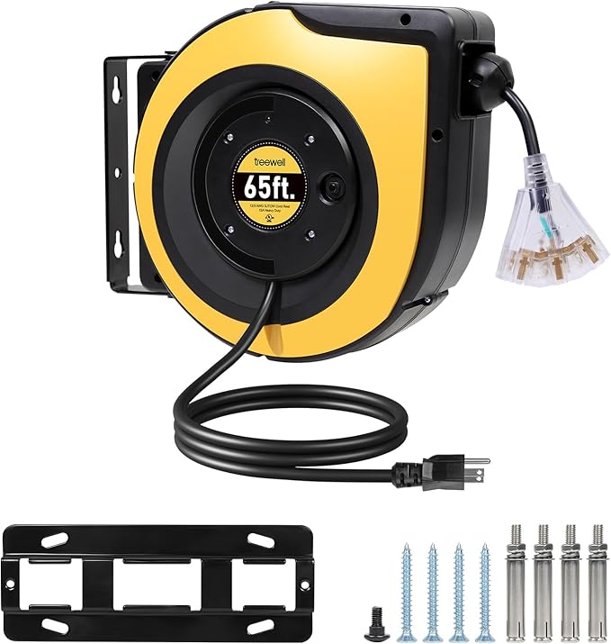 Retractable Extension Cord Reel, 65FT 12AWG/3C SJTOW Heavy Duty Power Cord by treewell