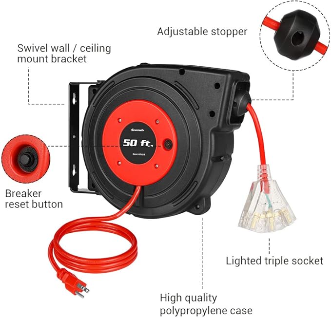 DEWENWILS Retractable Extension Cord Reel, 50FT Power Cord Reel - Image 5