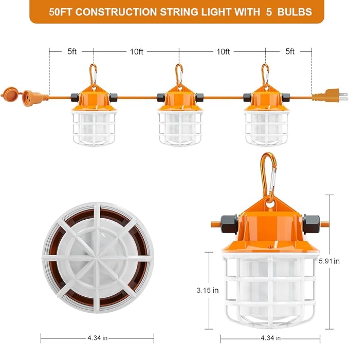 NS 50FT Construction String Lights LED Industrial Grade Super Bright 5000K IP65 - Image 4