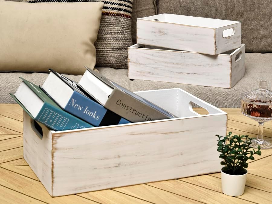 Set of 3 White Wooden Boxes for Storage Small Crates for Display and Organizing, Farmhouse Style Storage Boxes for Crafts, Decor, Home Pantry and Living Room - Image 2