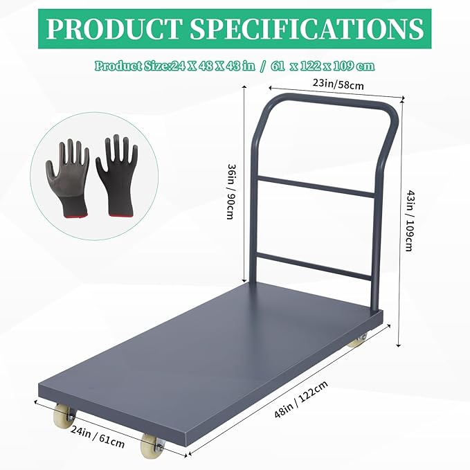 Heavy Duty Flatbed Cart 48"x24" Platform Truck, 2000 lbs Capacity Steel Hand - Image 3