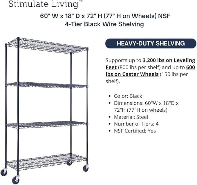 60"x18"x72" Prime Heavy Duty Black 4-Tier Wire Shelving NSF 3200 LBS MAX - Image 4