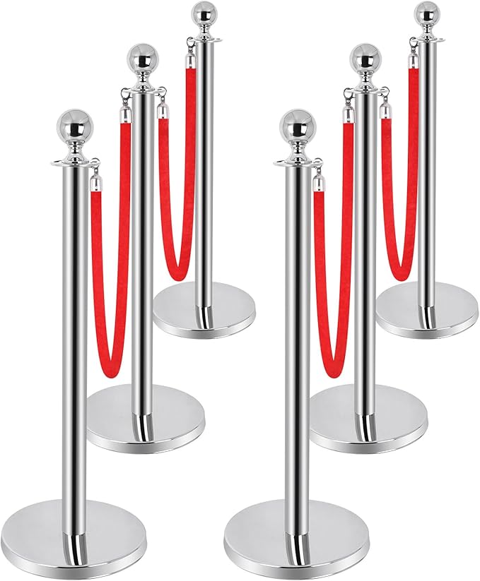 6PCS Stainless Steel Stanchions Post w/ 4 Red Velvet 5ft Carpet Ropes by Unknown