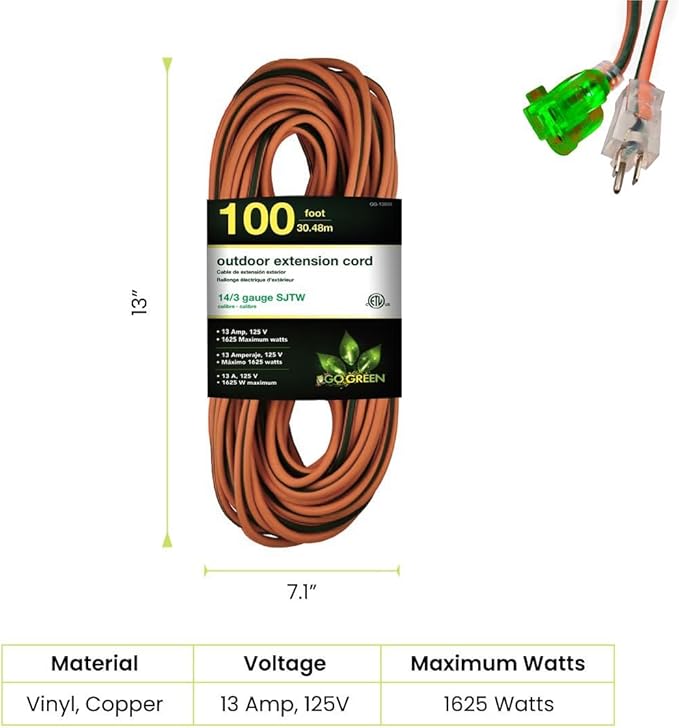 Go Green Power Inc. 14/3 100ft Lighted Outdoor Extension Cord - Image 2