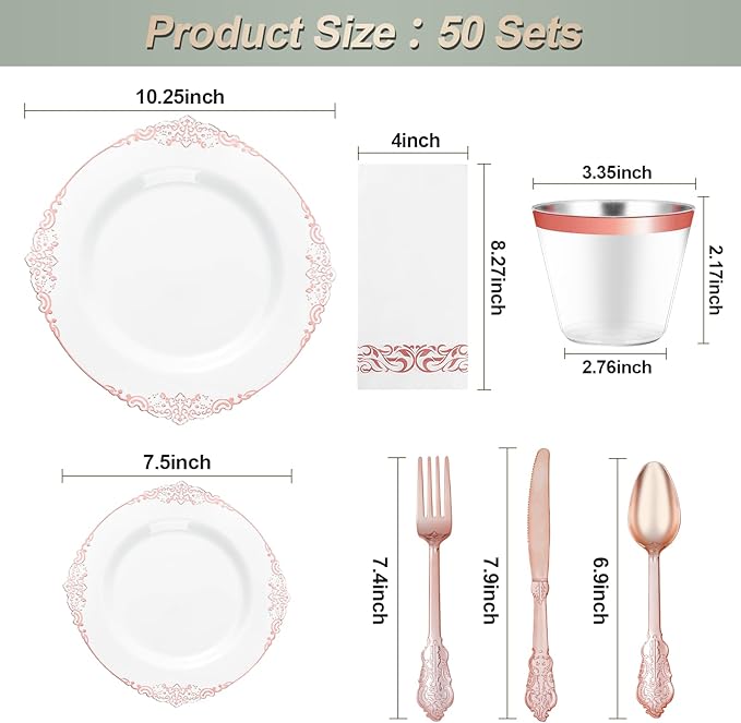 350PCS Rose Gold Plastic Plates - Image 2