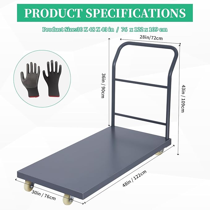 Heavy Duty Flatbed Cart 48"x30" Platform Truck, 2000 lbs Capacity Steel Hand - Image 3