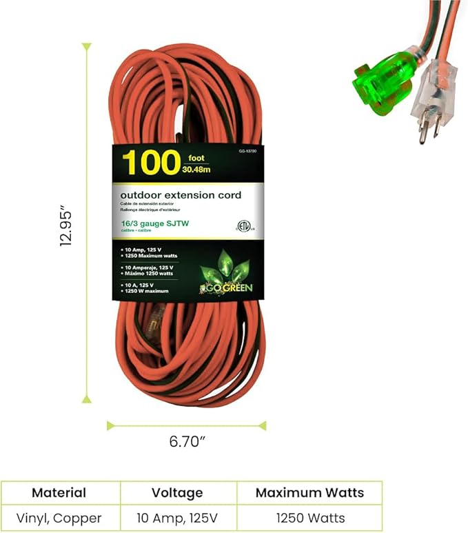 Go Green Power Inc. 16/3 100ft Outdoor Extension Cord - Image 2