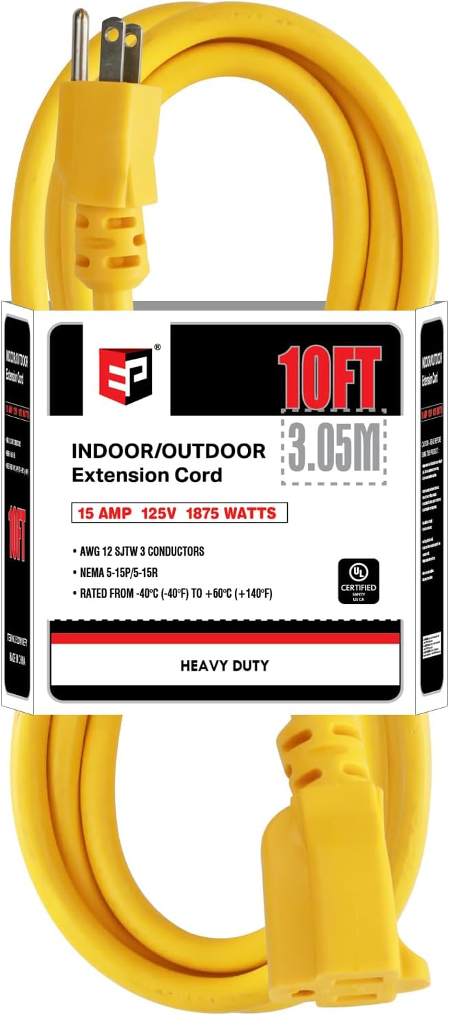 EP 10 Ft Outdoor Extension Cord, 12/3 SJTW Heavy Duty Extension Cable by ENERGYPRO