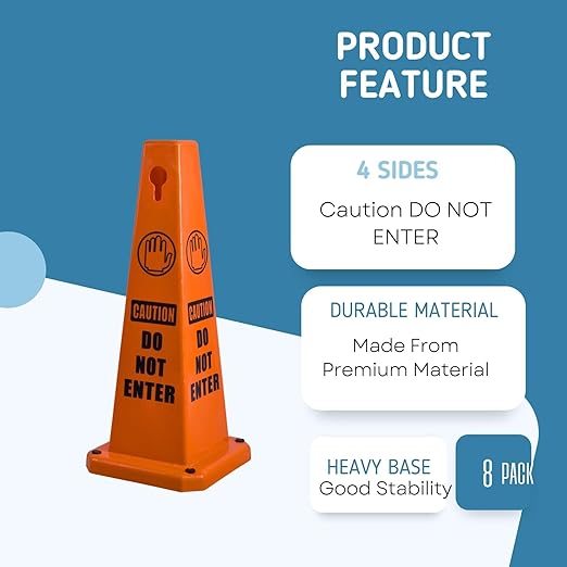 BESEA 8 Pack Red Safety Cones Caution DO NOT Enter Sign 4-Sided Heavy Duty - Image 3